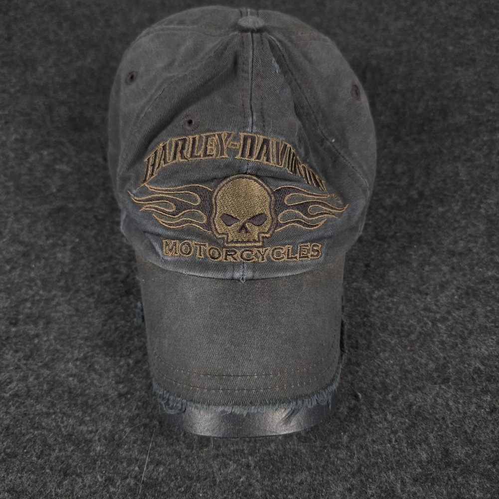 Y2K Harley Davidson Skull Flames Distressed Faded Black Baseball Rider Cap